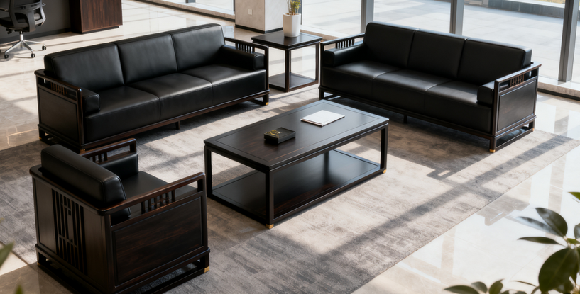 华懿办公沙发现代简约办公室沙发新中式休息区会客商务沙发茶几组合 经典黑 