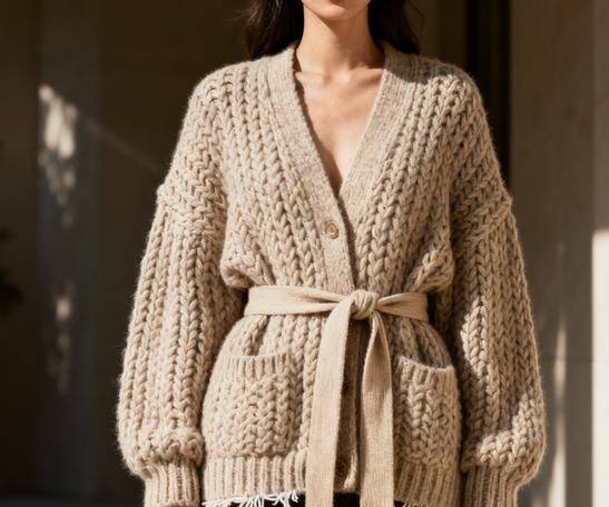 高端重磅粗针设计系带针织开衫女毛衣外套2023秋新款