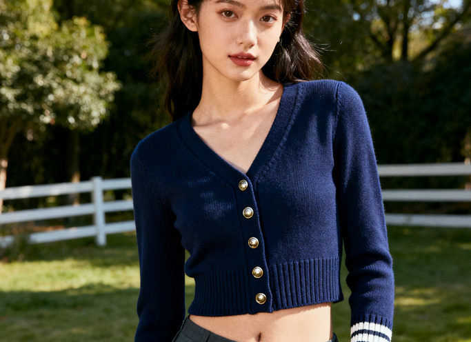 藏蓝色美式学院风针织开衫女秋季小个子修身显瘦短款毛衣外套上衣