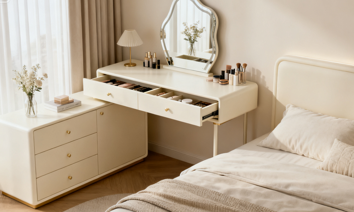 奶油风梳妆台卧室床尾现代简约高档收纳柜转角斗柜伸缩一体化妆桌