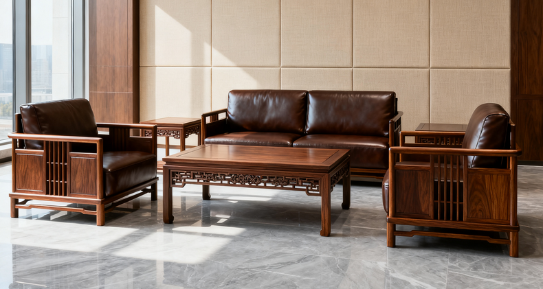 遇造会议办公沙发商务会客洽谈接待室新中式沙发茶几组合