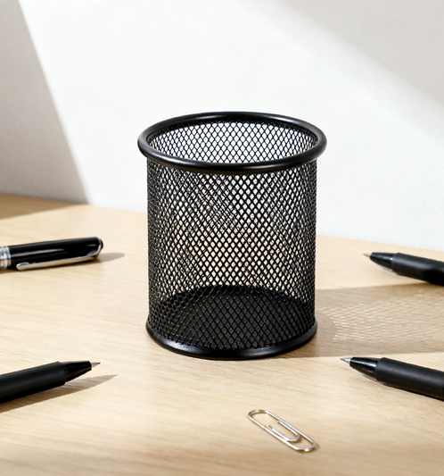 西玛（SIMAA）圆形笔筒网纹防锈办公金属 创意简约桌面收纳 黑色8136 