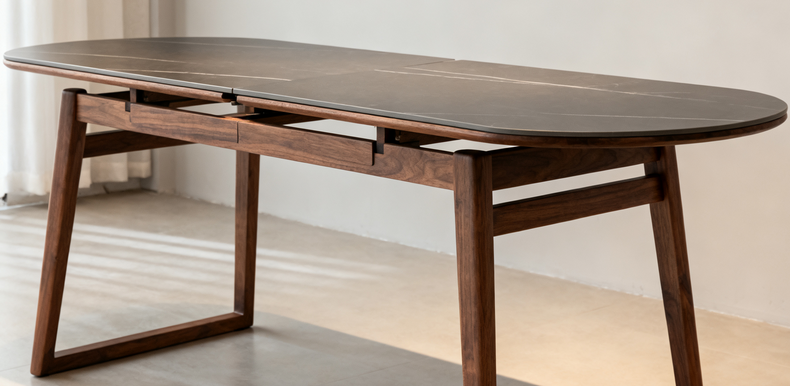 黑胡桃木色可伸缩实木岩板餐桌可变圆桌小户型家用原木中古风饭桌